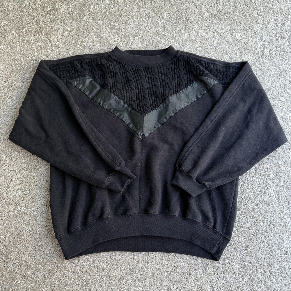 Vintage Imprints Sweater Womens Medium Black Knit Leather Trim Crewneck Pullover